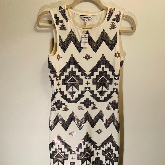Express Ivory Aztec Silver/ Cooper Sequin Dress - Picture 7 of 7